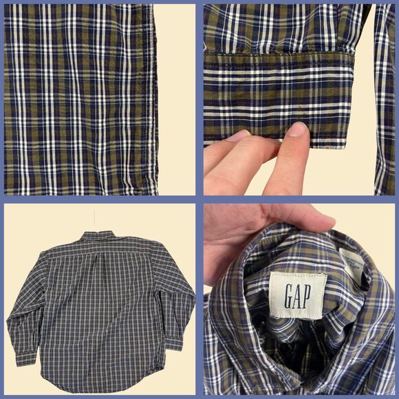 Y2K plaid L GAP shirt, vintage 2000s mens blue & green long sleeve button down - Picture 2 of 9